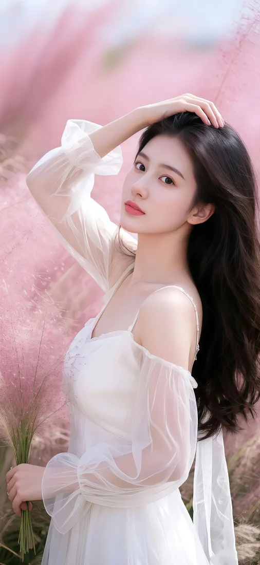 身着白色露肩纱裙的长发女子立于粉黛乱子草中，抬手轻扶长发，背景柔粉朦胧。