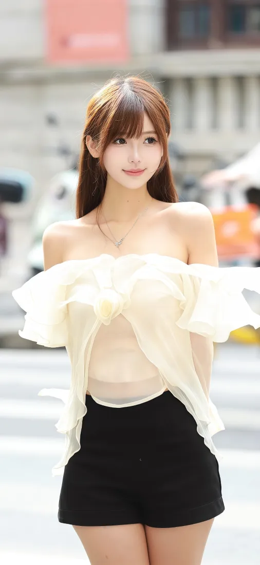 长发年轻女子身着白色露肩上衣与黑色短裤，站在虚化的城市街景前。