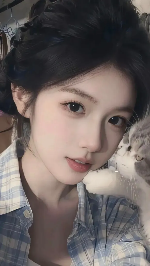 穿蓝白格衬衫的年轻女生与身旁的灰白猫咪亲昵自拍