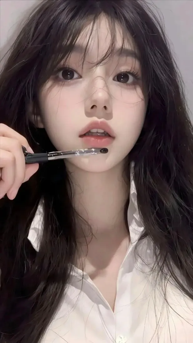 黑长卷发年轻女生穿白衬衫，手持唇刷靠近唇部，正对镜头。