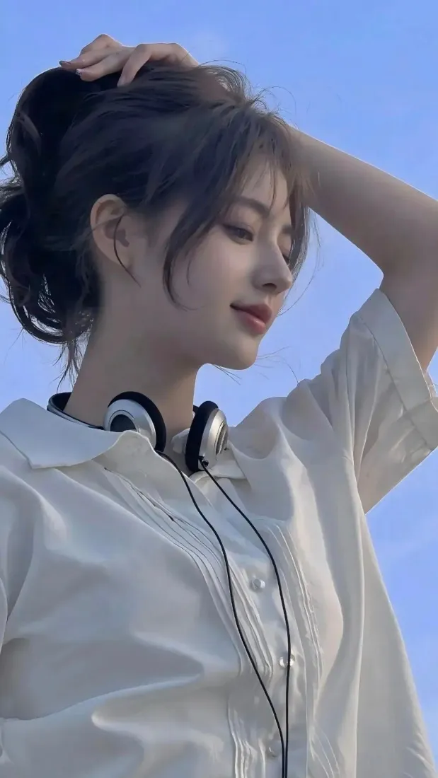 蓝天背景下，白衣扎发少女颈挂耳机，抬手整理发髻，侧脸柔和。