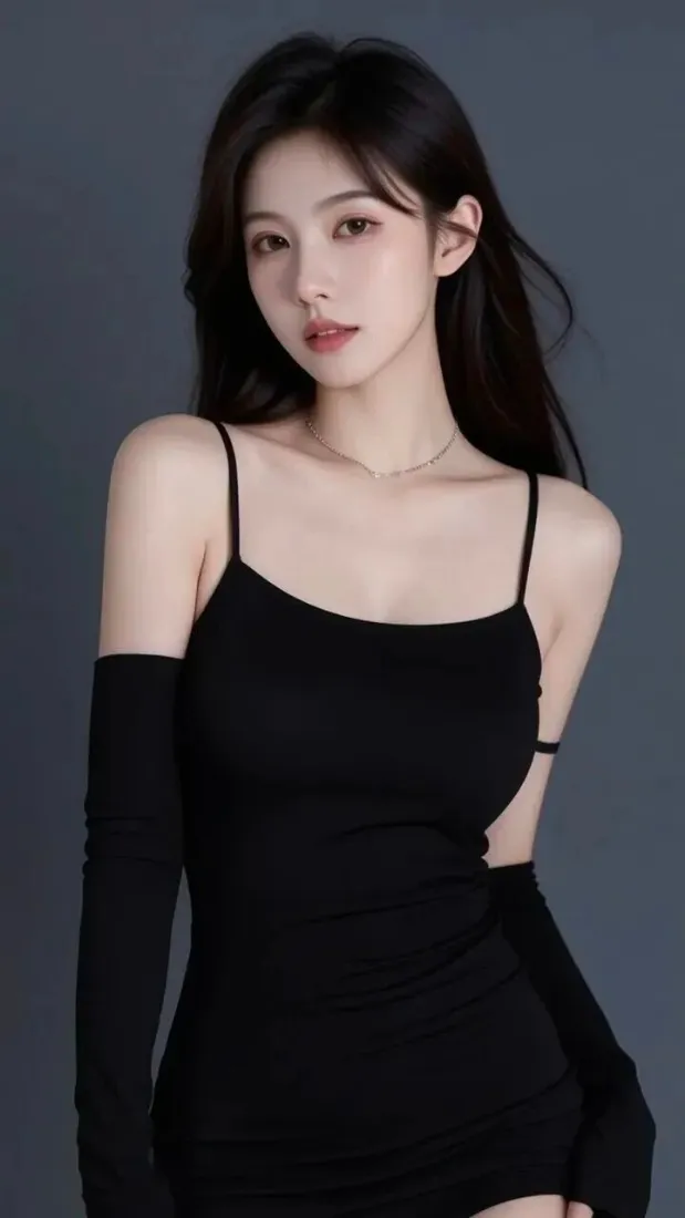 灰色纯色背景前，身着黑色吊带露腰裙的长发女性半身写真