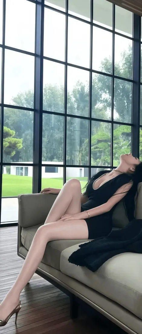 黑衣美女手机壁纸｜室内沙发背景图片 - 高跟鞋「哲风壁纸」