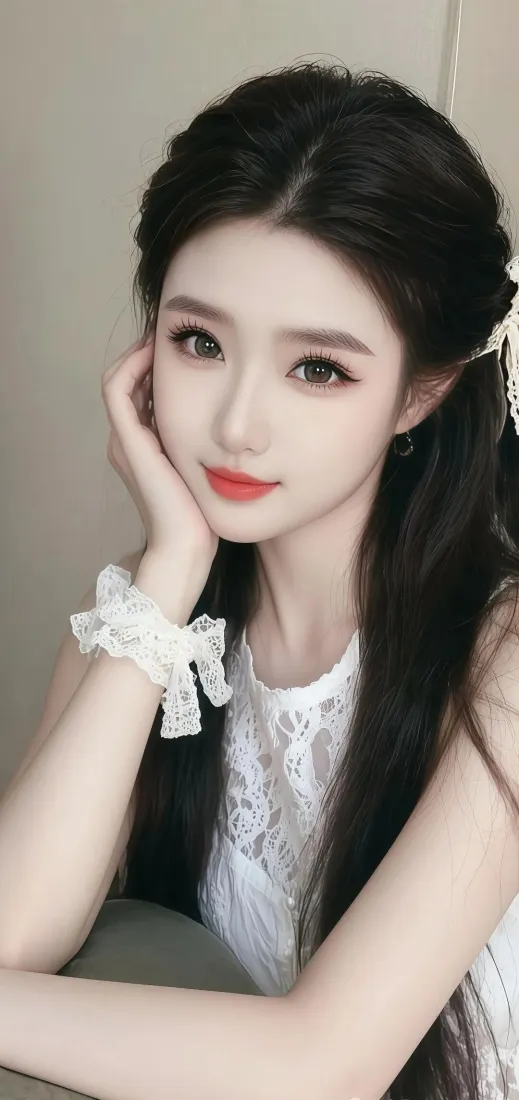 长发白衣美女手托脸颊，佩戴白色蕾丝蝴蝶结，浅灰纯色背景。