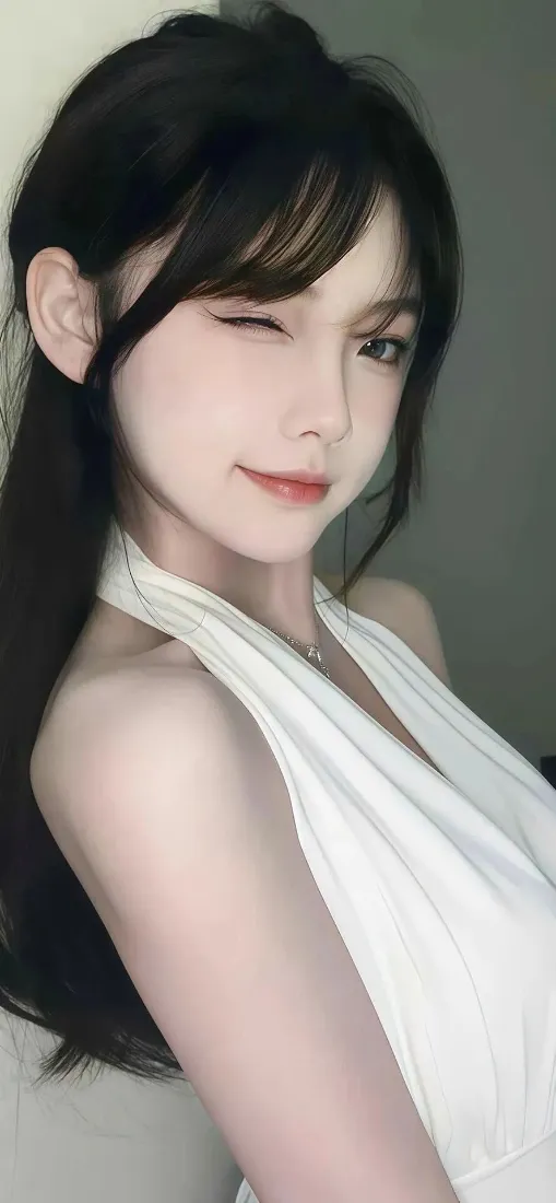 黑长发白衣女子wink自拍，浅灰纯色背景，清新柔和