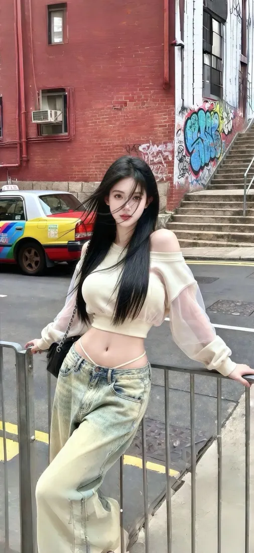 长发露脐装女子倚靠金属护栏，背景为红砖墙、涂鸦与彩色出租车的街头场景
