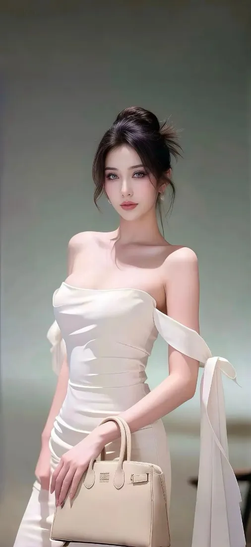 盘发女子身着白色抹胸修身长裙，手持米色手提包，立于简约渐变背景前。
