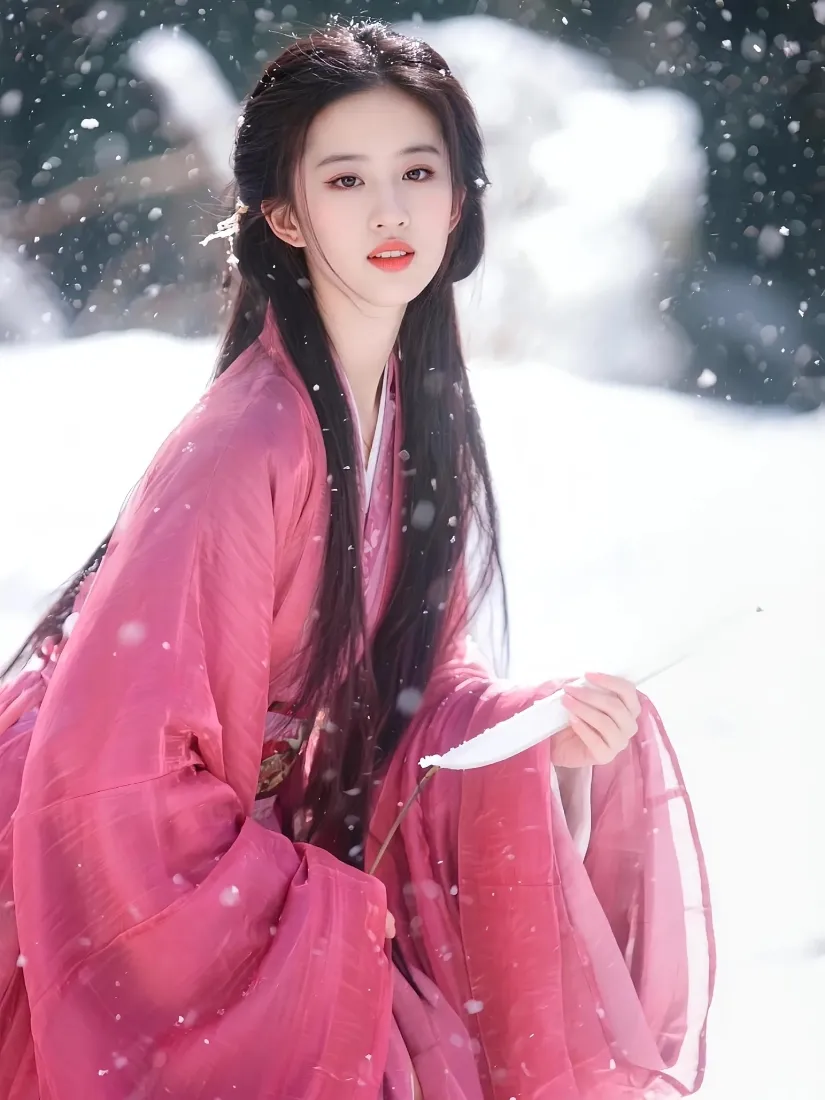 飘雪冬日林间，身着粉色汉服的长发女子手持白羽，背景虚化唯美。