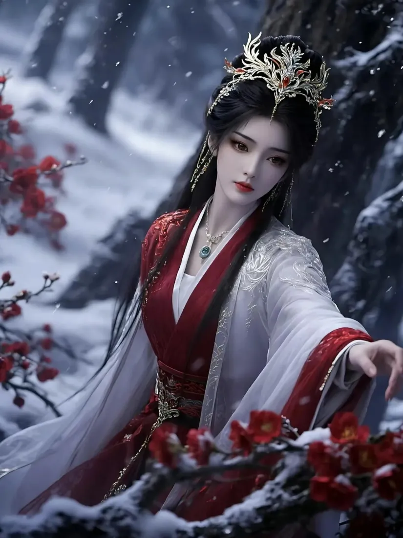 红衣金冠古风女子立于飘雪红梅林间，背景虚化，仙气唯美。
