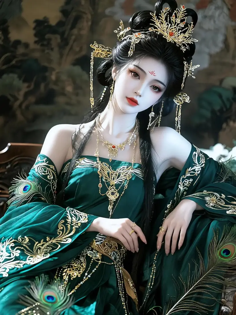 身着绣金孔雀纹绿色汉服的女子，佩戴华丽金饰，背景为古画风格山水。