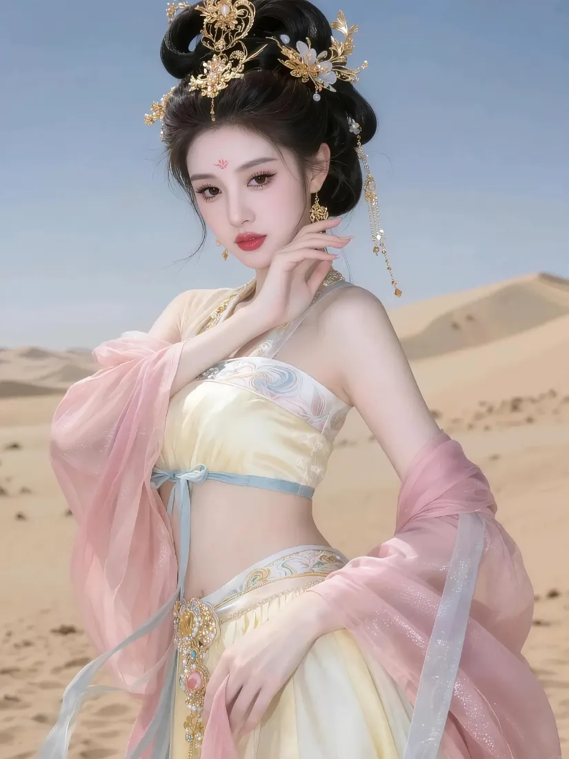 沙漠蓝天背景下，身着唐风汉服、佩戴金饰的古装女子半身写真。