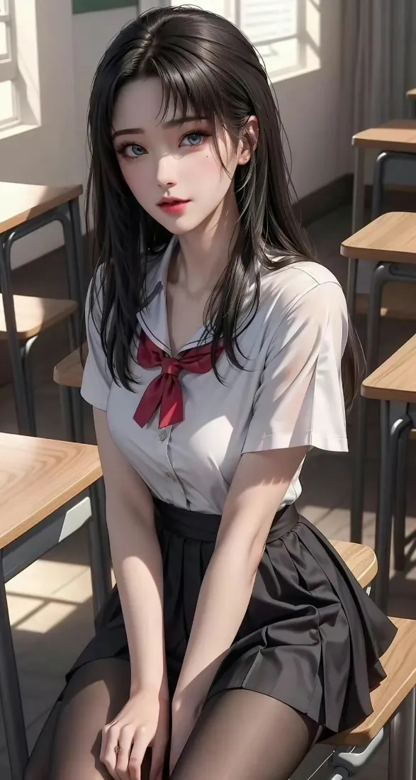 AI生成的黑长发校服少女坐在教室课桌旁，白衬衫配红领结黑裙黑丝。