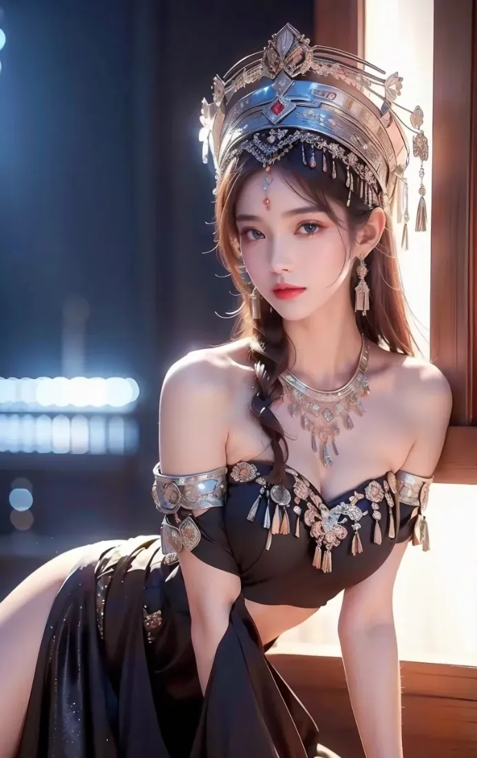 暗调室内，身着黑色露肩苗族服饰、佩戴全套银饰的编发美女倚坐窗边。