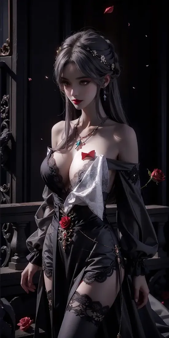 暗黑哥特风露肩黑裙女性，点缀红玫瑰，氛围神秘华丽