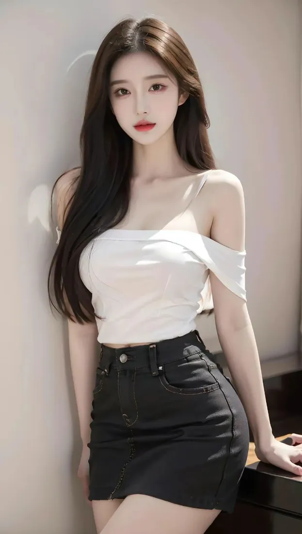 长发红唇女子身着白色露肩上衣与黑色短裙，倚靠浅色墙面站立