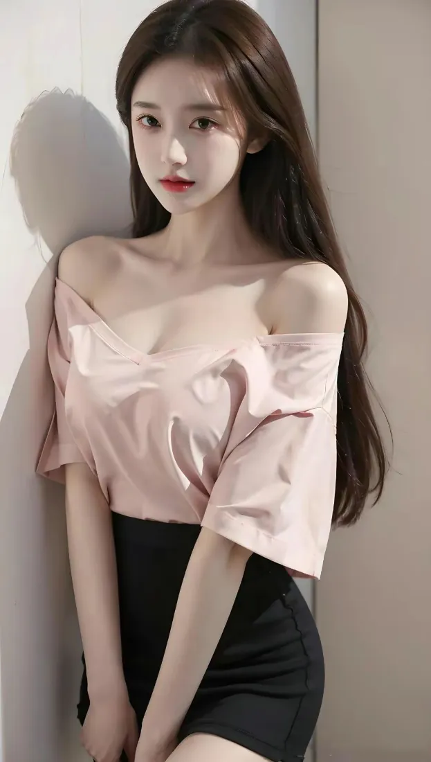 长发年轻女性身着粉色露肩上衣与黑色短裙，倚靠浅色墙面，光影柔和。