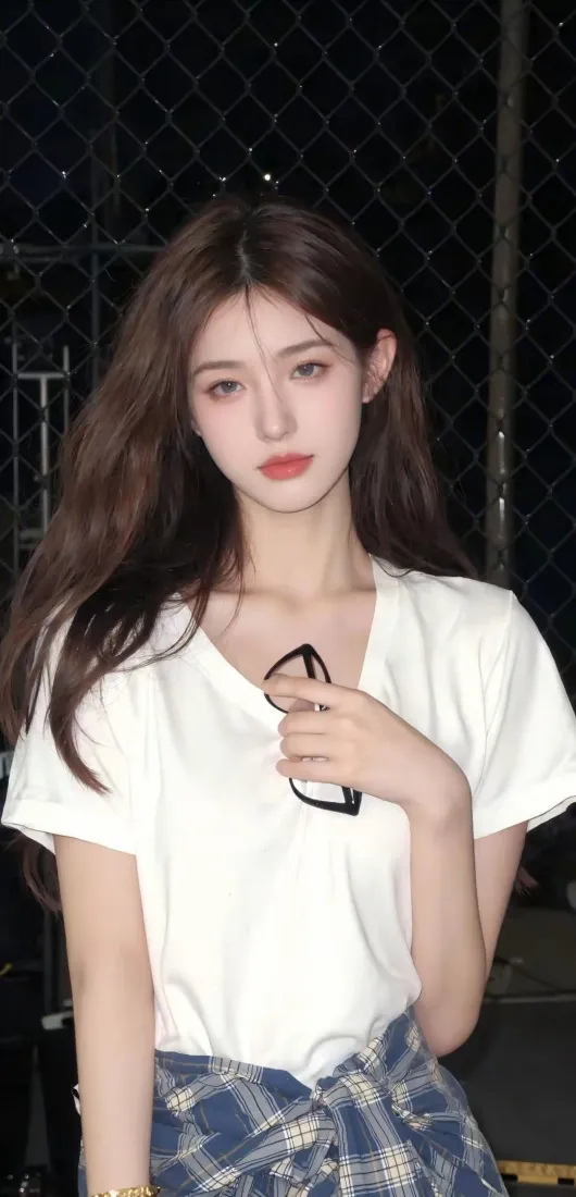 夜晚铁丝网前，长发白衣格纹裙女子手持黑框眼镜。