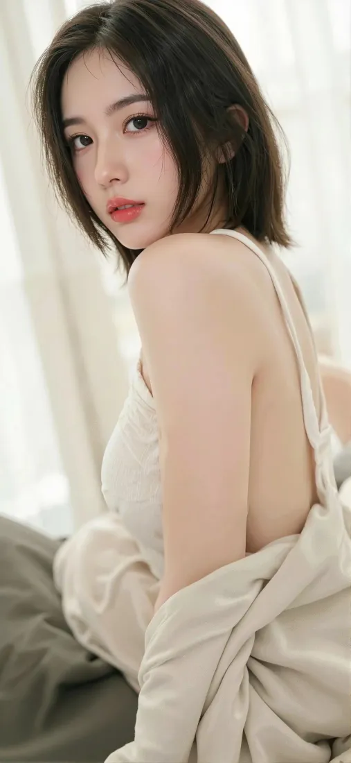 短发白衣女子坐于床榻，回眸望向镜头，背景为透光白纱窗帘。
