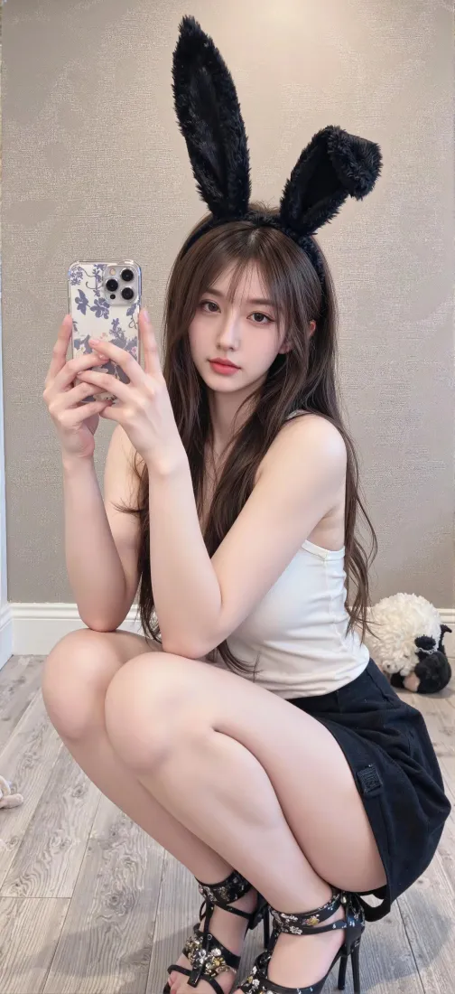 戴黑色毛绒兔耳发箍的长发女生蹲在室内，手持手机自拍，穿白背心黑短裙高跟鞋。