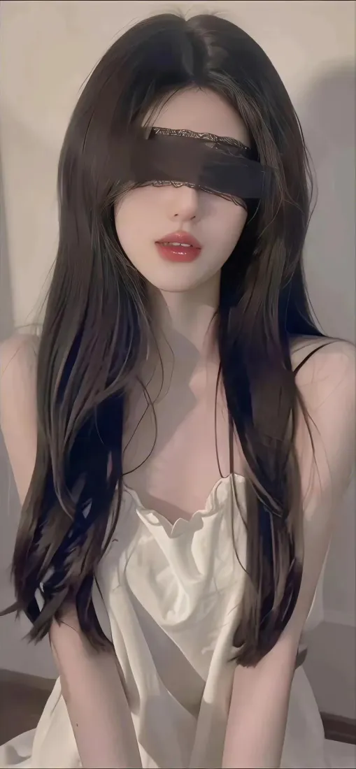 长发戴黑色眼罩的年轻女性，身着白色吊带裙，室内浅墙背景。