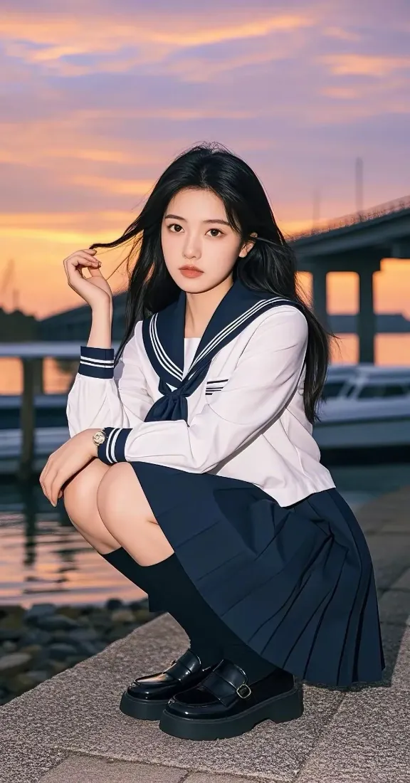 穿水手服的黑发少女蹲在黄昏港口石滩上，背景是晚霞、水面、船只与桥梁