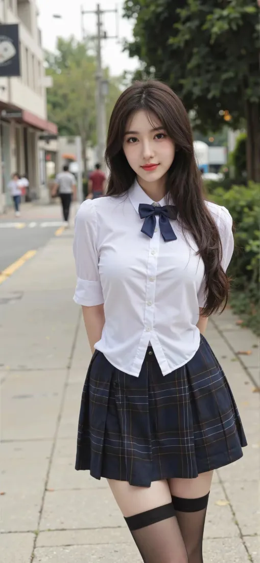 长发女生穿白衬衫、格纹百褶裙与黑丝袜，站在城市街道上。