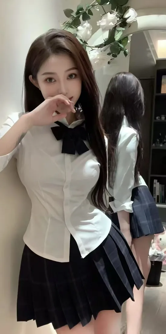 室内JK制服长发女生半身照，抬手轻掩嘴，身后镜子映出背影。