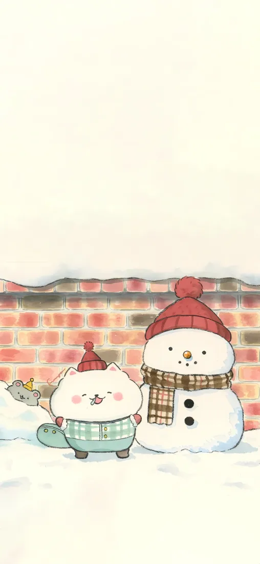 冬日雪地上，戴红帽的卡通小猫与雪人并肩站在砖墙前，氛围温馨可爱。