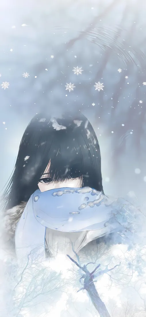 飘雪冬日里，黑发少女被围巾遮住大半张脸，置身朦胧雪景中。