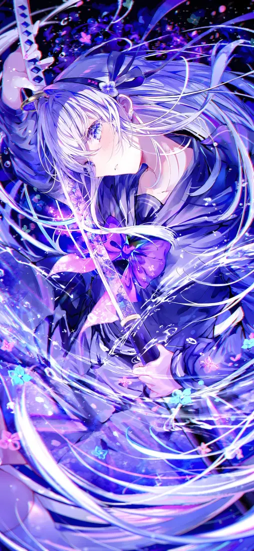紫调二次元银发JK少女持武士刀，周身环绕光效与星点，梦幻清冷。