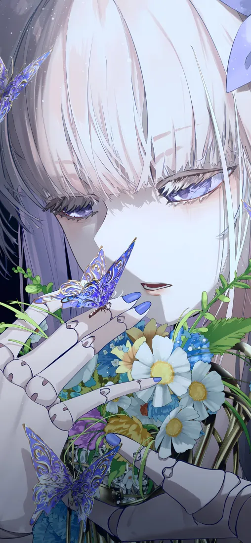 白发紫瞳二次元少女，机械义肢捧着蓝紫花束，蝴蝶停在指尖。