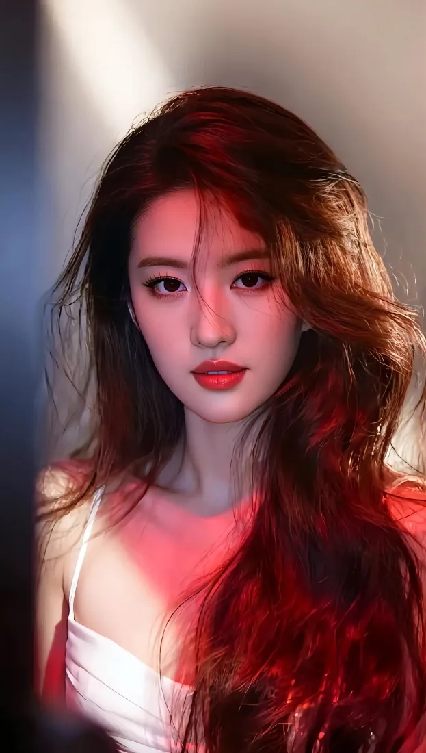 暖光下长发红唇的年轻女性，身着白色吊带，氛围感十足
