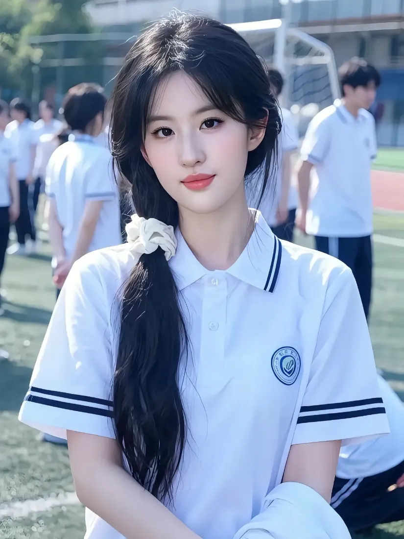 穿白校服的长发女生站在校园操场，背景是列队的其他学生