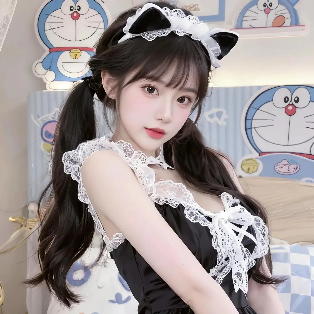双马尾猫耳蕾丝女仆装少女，身处哆啦A梦主题卧室，甜美可爱。