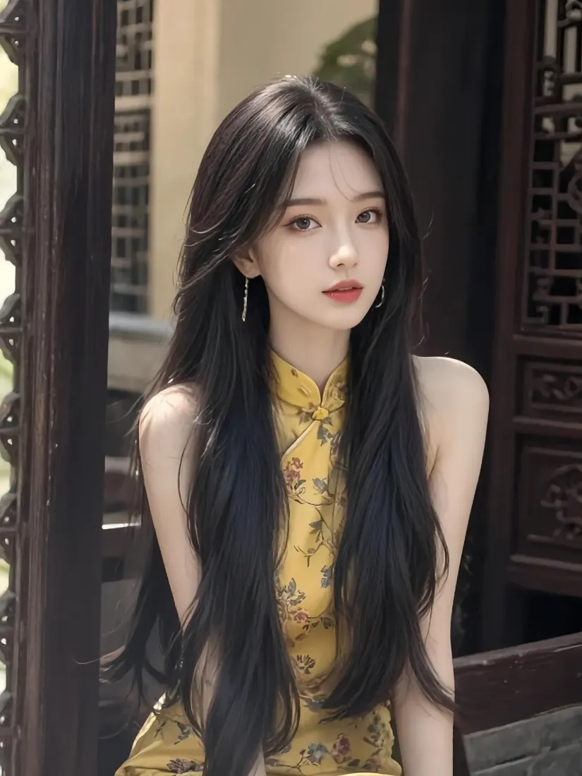 黑长直长发女子身着黄色印花无袖旗袍，立于中式雕花木门旁。