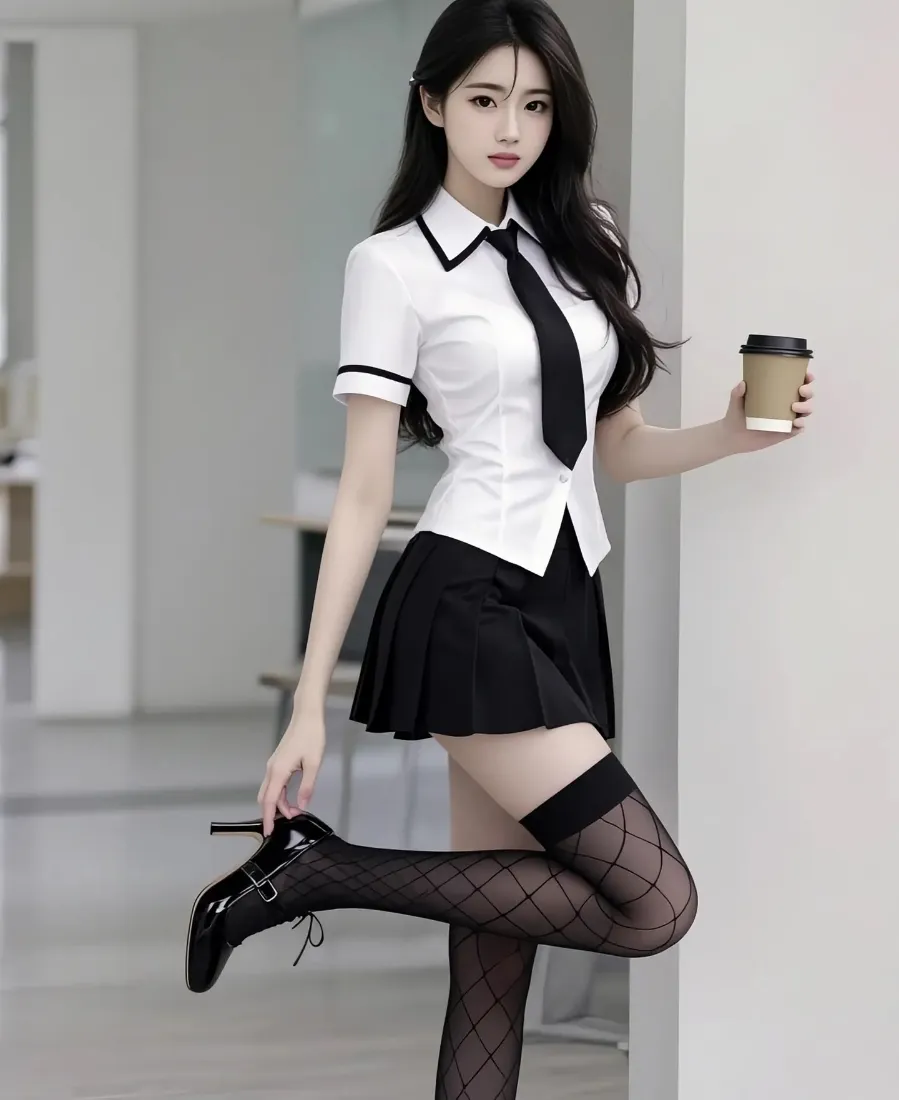 室内走廊中，穿白衬衫黑裙制服的长发女子手持咖啡，单腿抬起拎着高跟鞋。