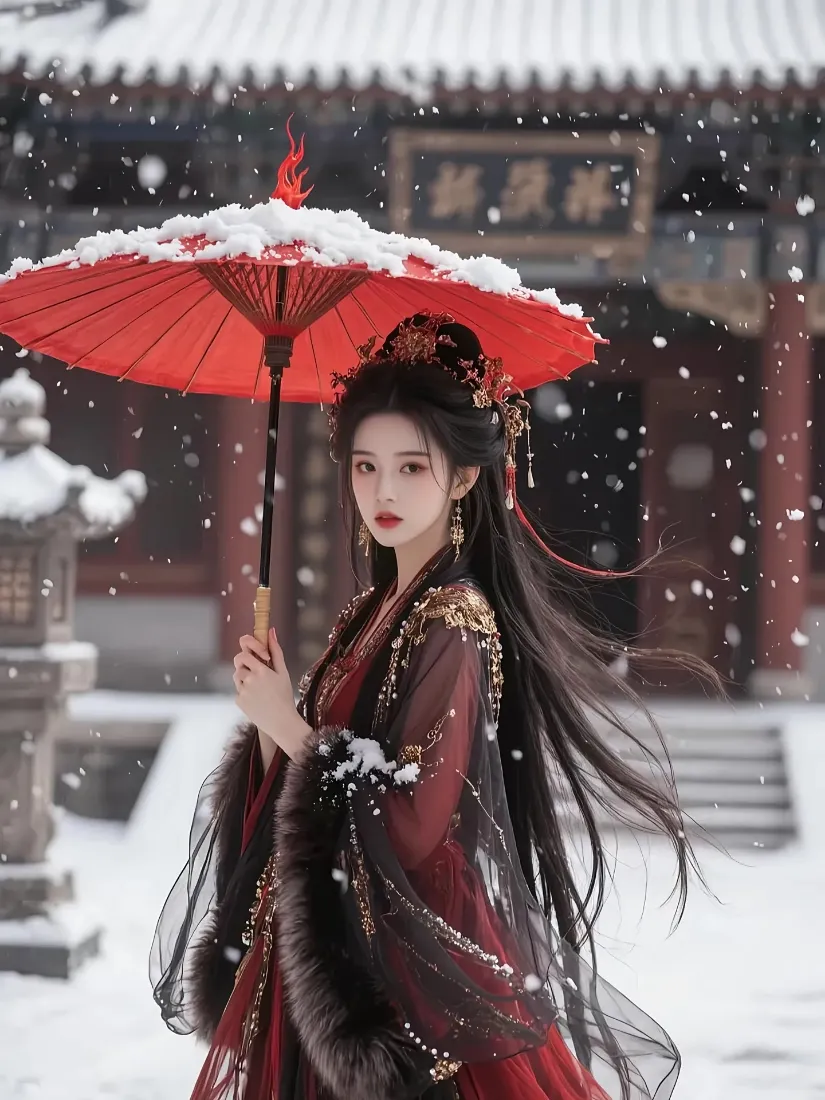 落雪古建庭院中，红衣汉服女子撑覆雪红油纸伞伫立回望。