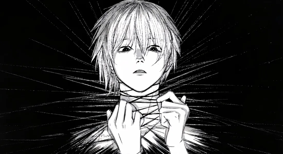 黑白线稿绘制的短发动漫男性，双手拉扯缠绕在颈部的绳索，背景为放射状线条。