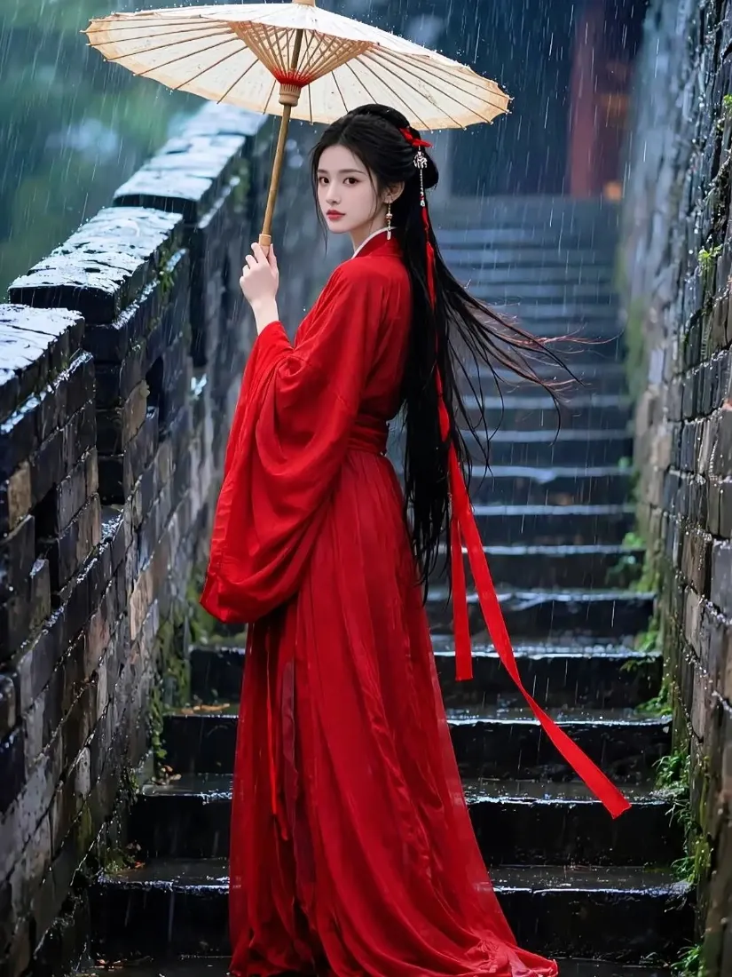 雨天古墙石阶上，红衣汉服女子持油纸伞回眸，雨雾朦胧意境悠远。