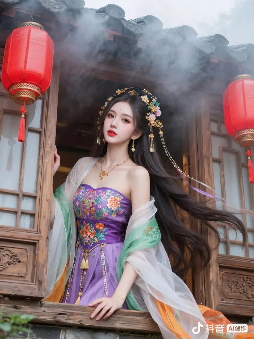 身着紫色绣花汉服的女子立于中式木窗旁，两侧悬挂红灯笼，背景萦绕烟雾。