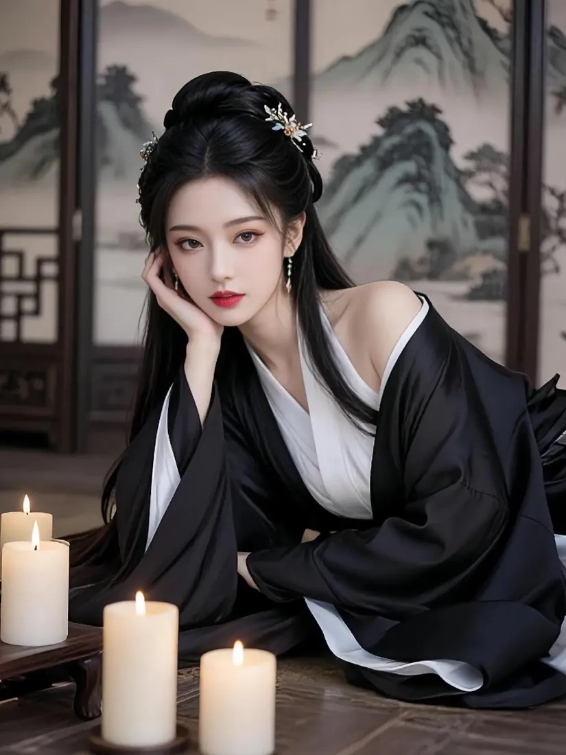 身着黑白汉服的女子托腮而坐，身前摆放点燃的蜡烛，背景为山水屏风。