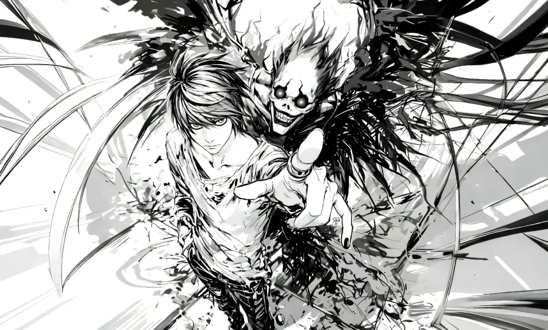 黑白水墨风死亡笔记插画，夜神月前伸手指，身后是琉克，线条张力十足。
