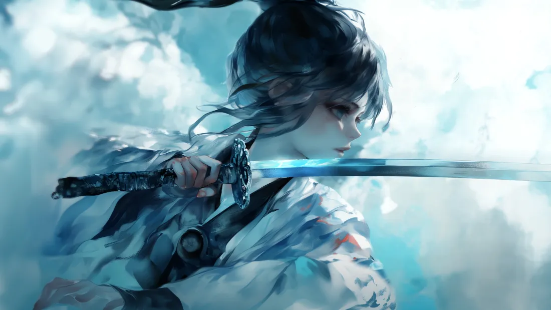 水墨风白衣古风少女侧身执剑，背景是淡蓝云海与明亮天空。