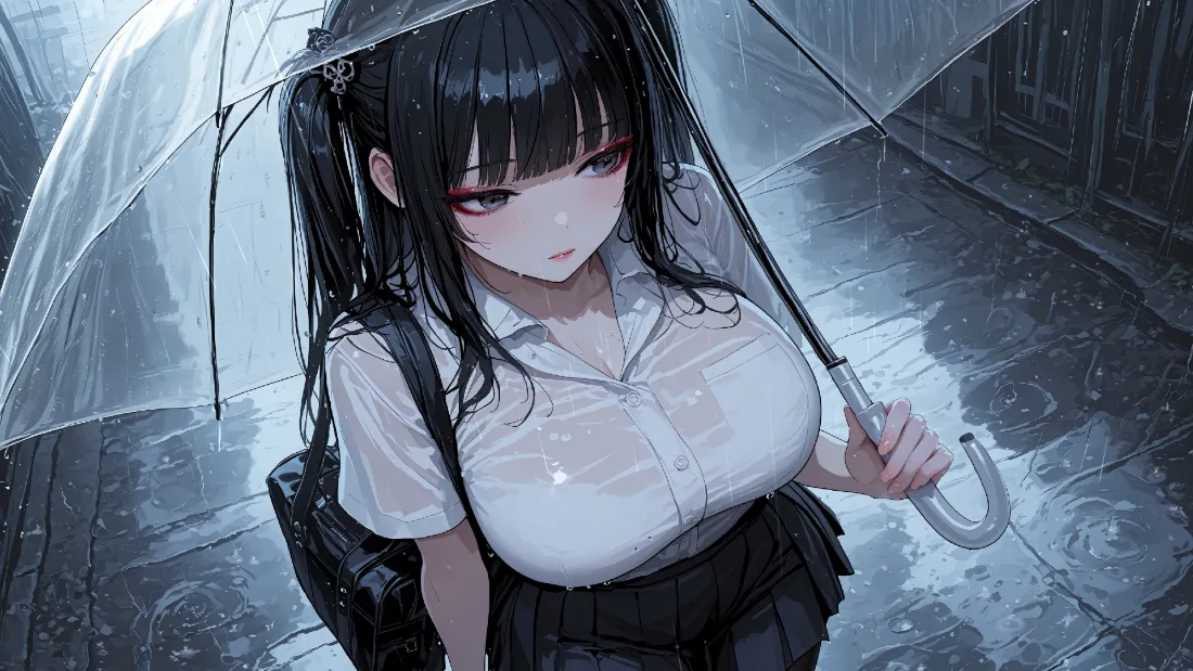 雨夜街道上，黑发双马尾校服少女撑透明雨伞，湿发神情落寞。
