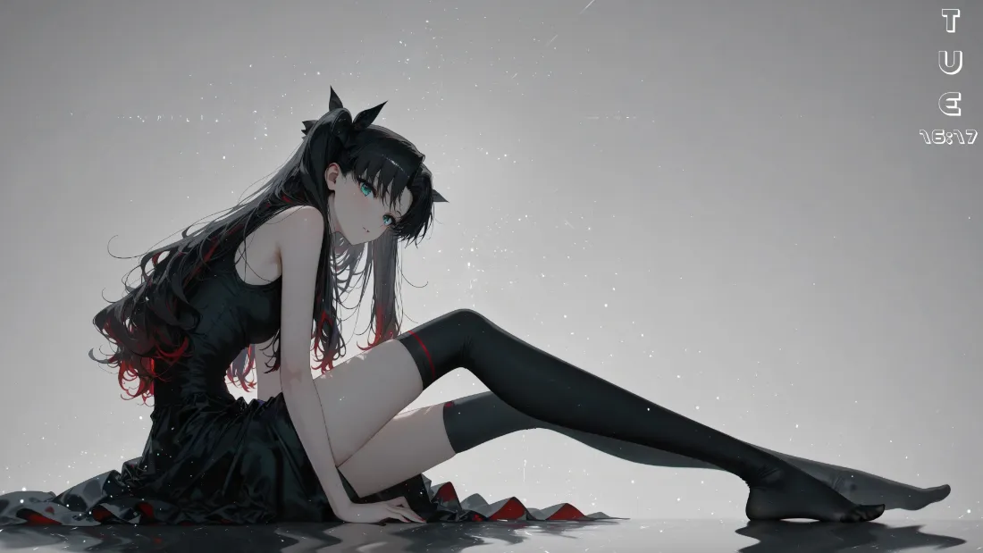 灰调背景下，黑裙猫耳少女席地而坐，发丝带红挑染，氛围清冷暗黑。