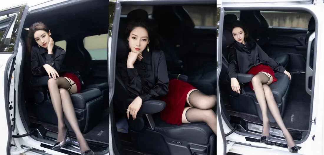 三格拼接图，黑衣红裙黑丝美女在白色汽车内摆出不同坐姿