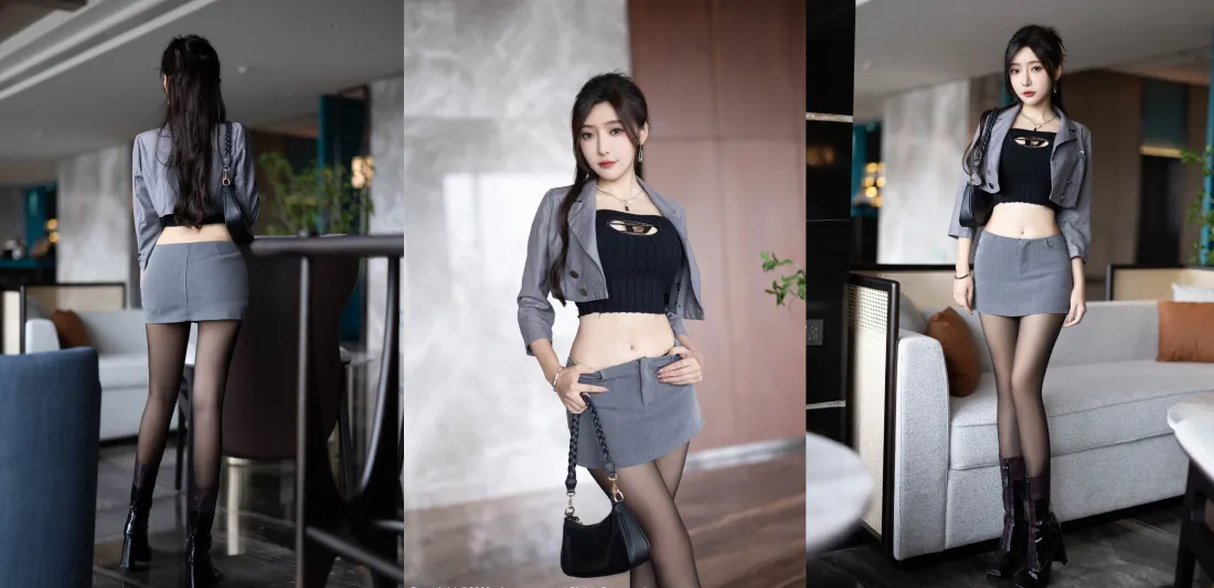 三格拼接室内写真，长发女性着灰外套黑上衣灰短裙黑丝黑靴，多姿态展示穿搭