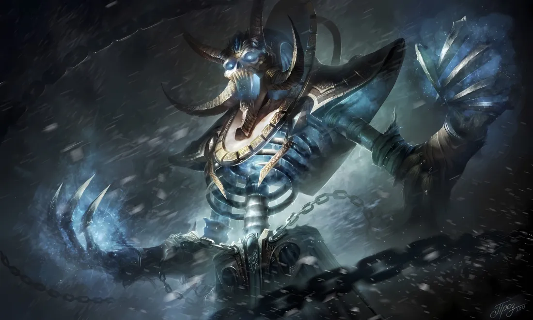 魔兽世界冰霜亡灵骷髅BOSS，身着盔甲，双手凝聚冰爪，铁链环绕，暗黑风雪氛围