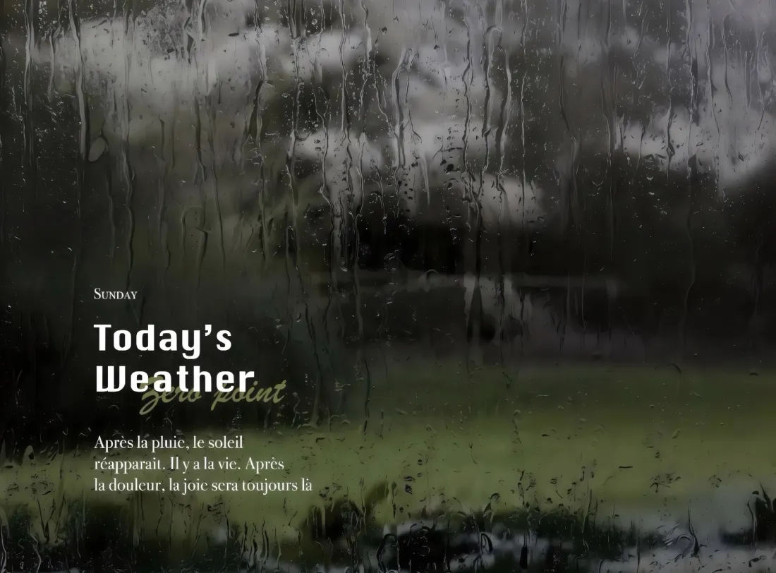 2k自然风景壁纸|下雨森林背景图片 - 玻璃水珠「哲风壁纸」 雨天透过布满水珠的玻璃拍摄的朦胧森林草地,左侧配有天气主题文字
