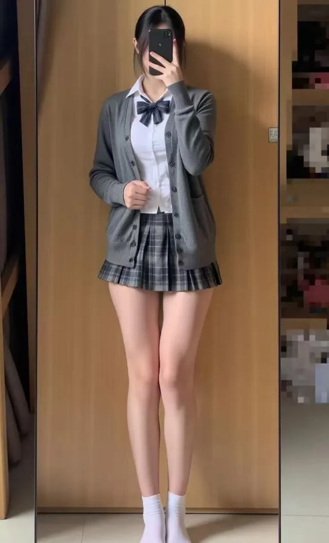 女生穿日系校服在衣柜前对镜自拍，手持手机遮挡面部